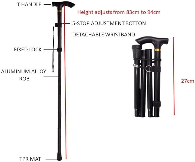 Foldable Lightweight Walking Aid for Men & Women, Collapsible Walking Canes, Adjustable Folding Walking Stick, Aluminium Mobility Aid For Ladies - Black