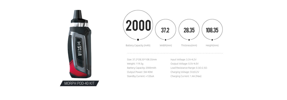 Smok Morph Pod 40 Kit - Discover Power with 5-40W Output Range & 2000mAh Battery