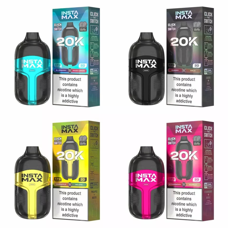 InstaFill InstaMax 20K Vape Pod – 20,000 Puffs, Rechargeable 800mAh Battery, Dual 2ml Tanks, 20mg Nic Salt, Dual Mesh Coil